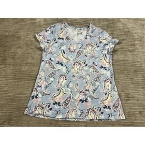 Dept 222 Top Womens XL Blue Floral Short Sleeve V-Neck Luxey Tee Casual